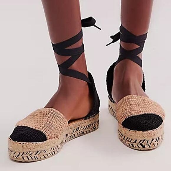 Free People Island Time Wrap Espadrilles Black Tan Crochet Size 40 / 9.5 US NEW - Picture 1 of 8